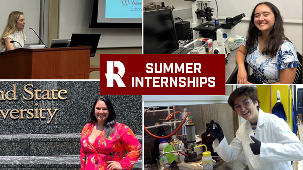 There are four images. Top left: Elsa King speaks at a podium. Top right: Sarah Shibuya works in a lab. Bottom right: Sophia Gospodinova gives a thumb-up in a lab. Bottom right: Luci Duncan by the Cleveland State University sign.