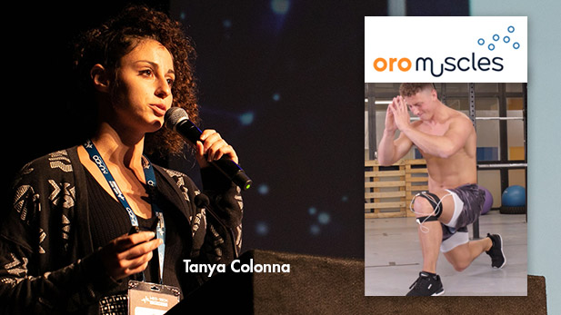 There are three images. Left: Tanya Colonna at a speaking engagement. Top right: Oro Muscles logo. Bottom right: An athlete lunges while wearing the Oro Muscles device.