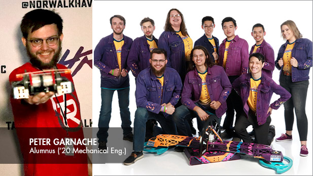 There are two images. Left: Peter Ganache holds a robot. Right: Battlebots Team Horizon.