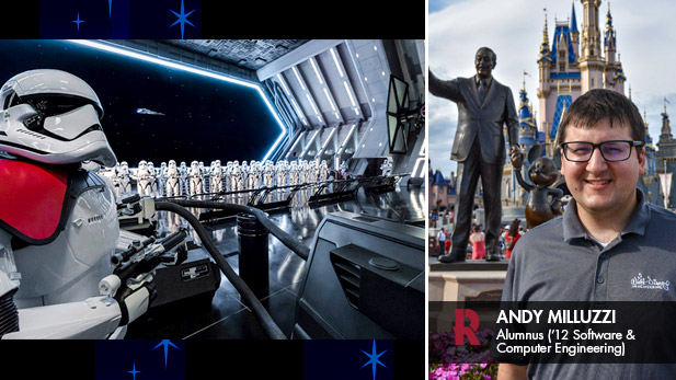 There are two images. Left: Disney's Rise of the Resistance attraction at Disney's Hollywood Studios. Right: Andy Milluzzi in front of Cinderella Castle at Walt Disney World.