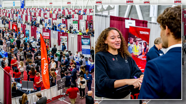 There are two images. Left: Aerial shot of companies at the Rose-Hulman Career Fair. Right: A student speaks with an employer at the Career Fair.