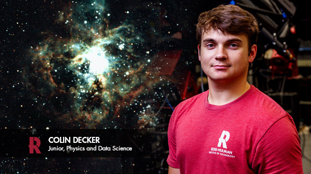 There are two images. Left: Celestial objects as seen from a telescope. Right: Colin Decker in a Rose-Hulman shirt.