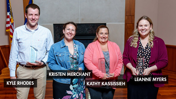 Award winners pose for a photo in Rose-Hulman's Alumni Center..