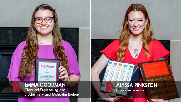 Emma Goodman and Alyssa Pinkston with their awards in the Alumni Center.