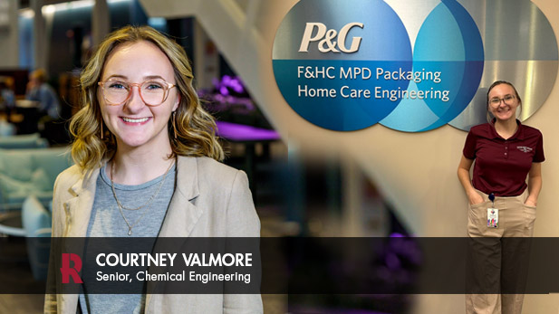 There are two images. Left: Courtney Valmore in the Fowler Academic Building. Right: Courtney Valmore at her P & G internship in a Rose-Hulman polo.