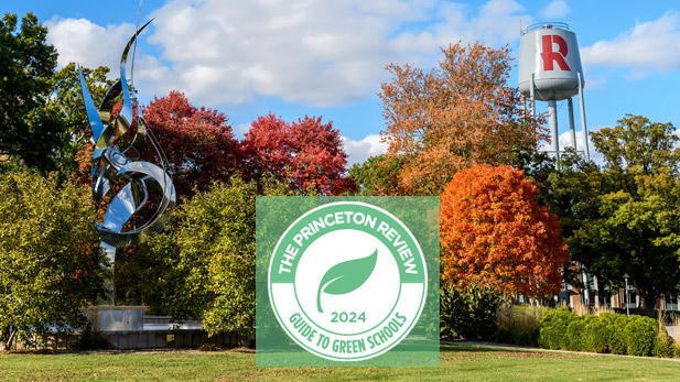 There are two images. Back: Autumn foliage on Rose-Hulman's campus. Front: The Princeton Review Guide to Green Schools logo.