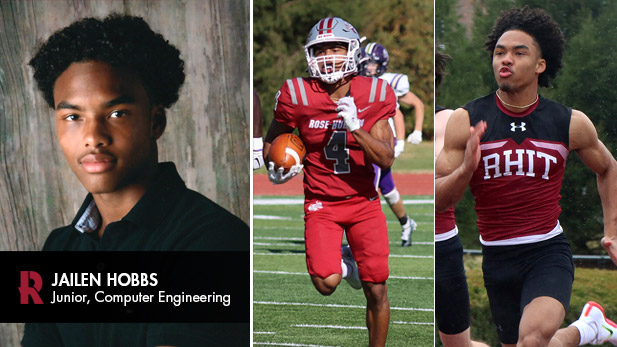 Collage of Jailen Hobbs headshot, playing football, and sprinting.