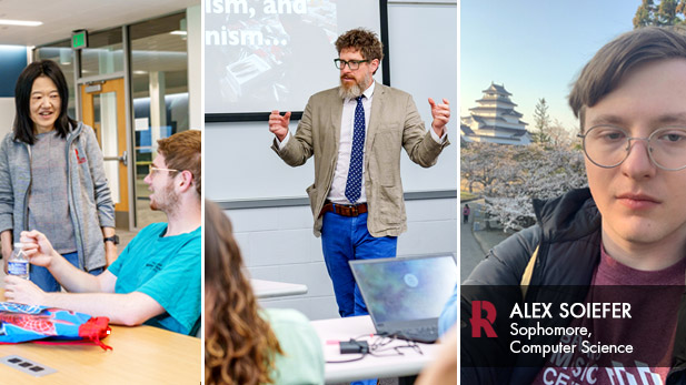 There are three images. Left: A faculty members speaks with a student during class. Middle: Paul Christensen teaching Japanese Society. Right: Alex Soiefer in Japan.