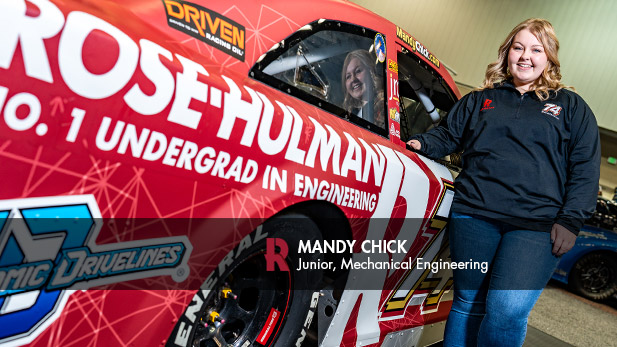 Mandy Chick and her Rose-Hulman branded racecar.