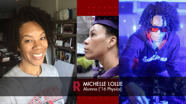 There are three images in the collage. Left: Michelle Lollie takes a selfie in a Rose-Hulman shirt. Middle: Michelle Lollie at commencement. Right: Michelle Lollie works with lasers.