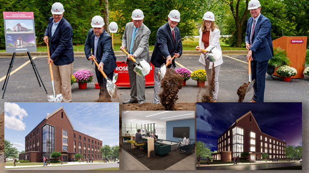 Collage of four images. Top: Groundbreaking ceremony for the New Residence Hall. Bottom Left: Daytime rending of residence hall exterior. Bottom middle: Rending of residence hall interior. Bottom right: Nighttime rendering of residence hall exterior.