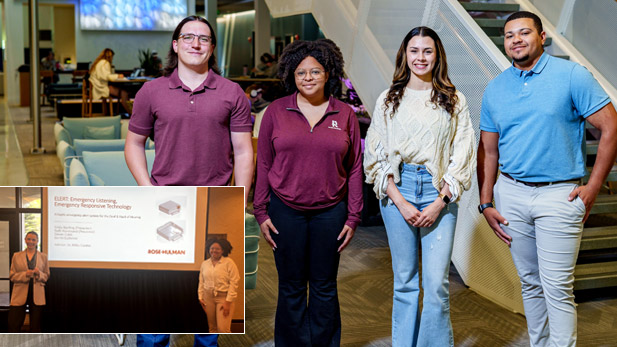 There are two images. Left: Bartling and Hammond present at the conference. Right: The student research team.