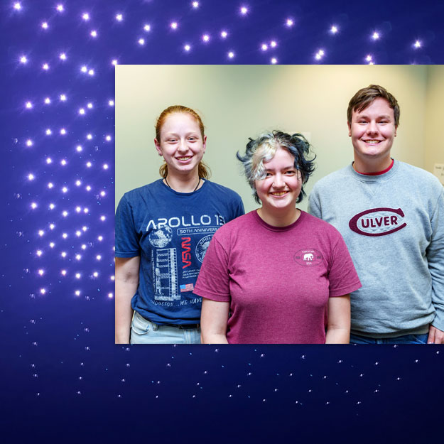 Left: Drone light show. Right: Rose-Hulman students who worked on the project. 