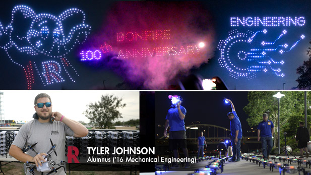 There are three images. Top: Fireworks and drone show at Rose-Hulman's homecoming bonfire. Bottom left: Tyler Johnson holds a drone. Right: Sky Elements prepares for a show.