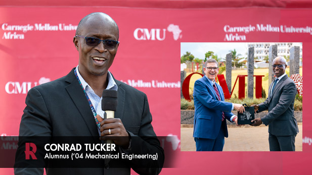 Left: Conrad Tucker speakers in front of a CMU-Africa banner. Right: Conrad Tucker and Rick Stamper celebrate the partnership between Rose and CMU-Africa.