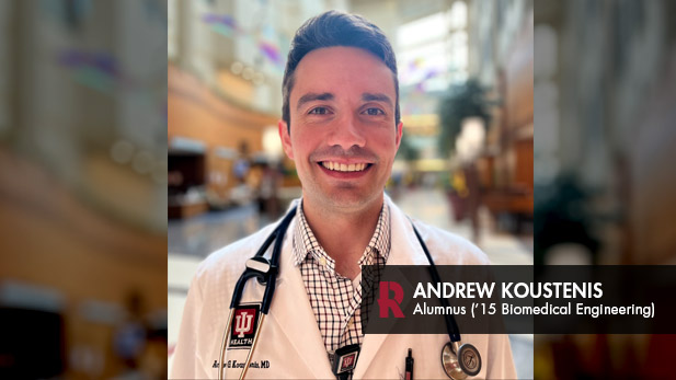 Andrew Koustenis wears an IU Health lab coat and stethoscope.