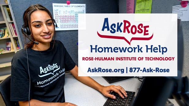 There are two images. The left image is a student, wearing an AskRose shirt and a headset, typing on a computer in the AskRose call center. The right image is the AskRose logo and contact information.