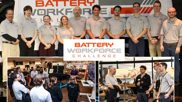 There are three images. Top: Members of the team, wearing matching polos, stand beside a van with the Battery Workforce Challenge logo. Bottom left: Team members learn more about the challenge. Bottom right: team members discuss plans in a makerspace.