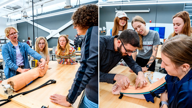   There are two images. Left: Four students examine the Simulated Ligament Injury Knee device on a worktable in the FAB. It is a large device that resembles a human knee. Right: Adel Alhalawani, PhD, tests the vein simulator on a student's arm, while the rest of the team observes.