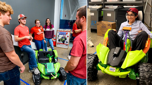 There are two images. Left: Students explain their rideable electric car design. Right: Student Neil Bhasin sits in the driver's seat of the vehicle.
