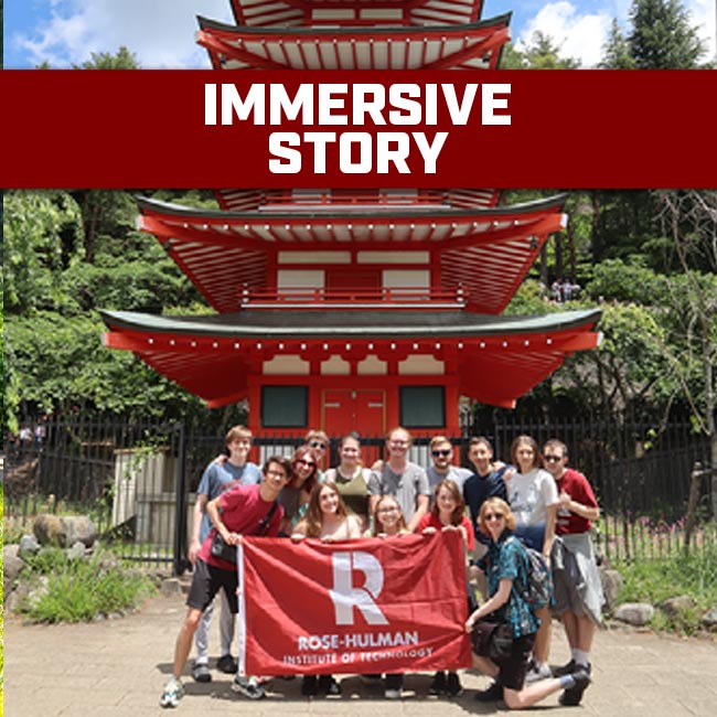 Read more about the Chemistry of Food and Drink in Japan course. Students hold a Rose-Hulman flag in front of a Japanese temple.