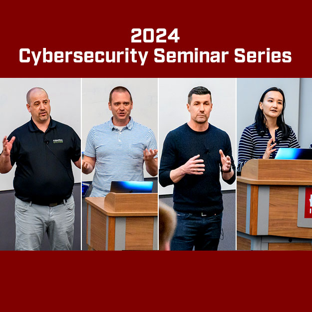 There are four images, one of each speaker behind a lectern in a classroom.