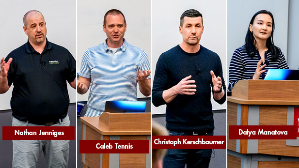 There are four images, one of each speaker behind a lectern in a classroom.