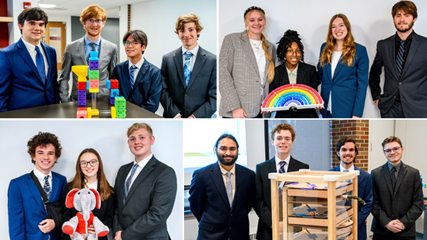 There are four images. Top left: Four students display the Mega Marble Maze, a tower of brightly-colored blocks. Bottom left: Three students display the Mix-N-Match Rosie, a red and grey stuffed elephant. Top right: Four students display the Bright Board rainbow display. Bottom right: Four students display the wooden Toggle Tower.