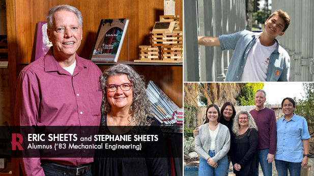 Left and bottom right: Eric and Stephanie Sheets stand together. Top Right: Chase Crompvoets grins on a column-lined path as he leans away from one of the columns.