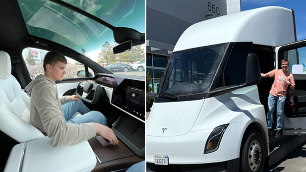 There are two images. Left: Ethan Rogers drives a Tesla vehicle. Right: Ethan Rogers leans out the door of a Tesla semi-truck cab.