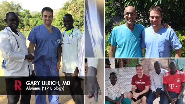 There are three images. Left: Gary Ulrich with two doctors in Sudan. Top right: Tom Catena and Gary Ulrich. Bottom right: Gary Ulrich, wearing a Rose-Hulman shirt, sits with a group of people.