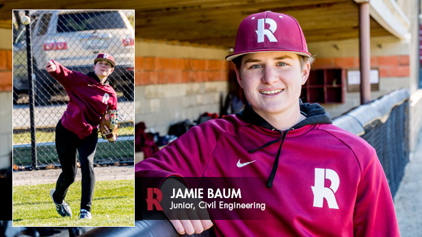 There are two images. Left: Jamie Baum throws a baseball. Right: Jamie Baum in the dugout.