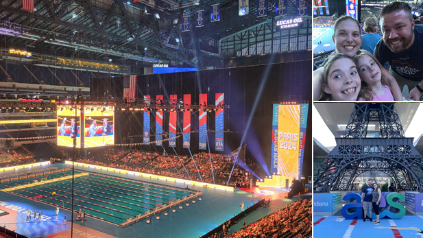 Left: The pool for U.S. Olympic Trials in Lucas Oil Stadium. Top right: Kyle Overmyer and Dianna Artigue Overmyer take a selfie with their kids by the pool. Bottom right: The Overmyers pose by an Eiffel Tower prop.