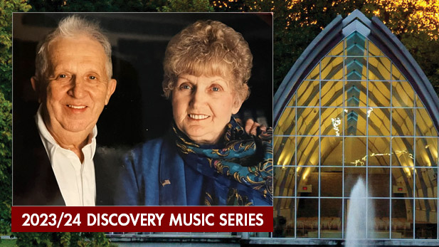 There are two images. Left: Mickey and Eva Kor. Right: White Chapel at Rose-Hulman.