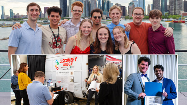 There are three images. Top: Battery Workforce Challenge team in front of a city skyline. Bottom left: Teammates present to judges beside a van. Bottom right: Teammates with their award.