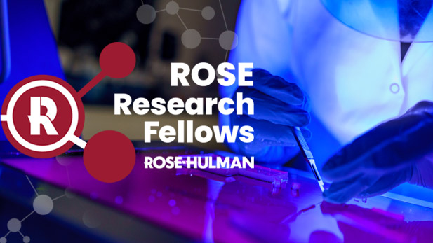 Rose Research Fellows logo in front of a student working in a lab.