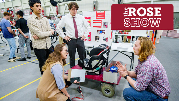 Students demonstrate their capstone design projects at the Rose Show. 