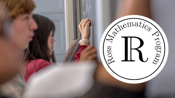 There are two images. Left: High school students solve problems on a chalkboard. Right: Ross Mathematics Program logo.