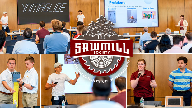 There are five images of student teams pitch their startups to potential investors.