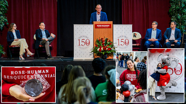 Collage of four images. Top: President Coons speaks during the Sesquicentennial Celebration. Bottom left: Commemorative Sesquicentennial coin. Bottom middle: A student smiles during the celebration. Bottom right: Rosie hugs SGA President Courtney Valmore. 