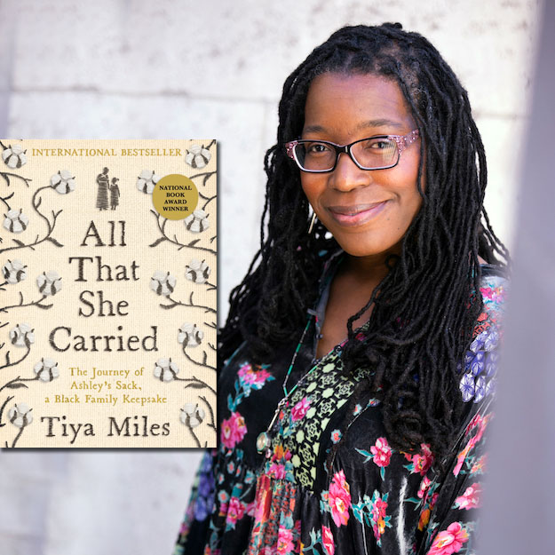 There are two images. Left: The cover of "All That She Carried" by Tiya Miles. Right: Tiya Miles. 