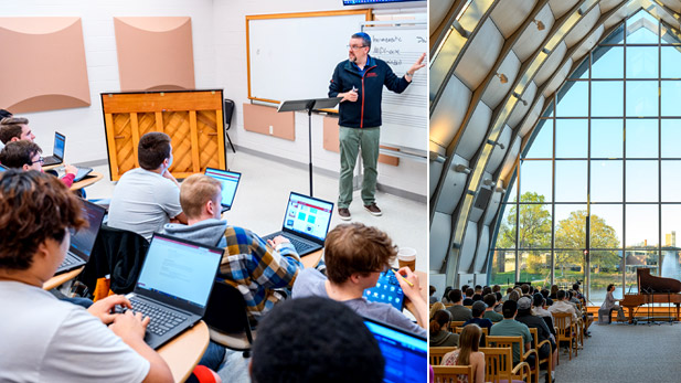 There are two images. Left: David Chapman teaches a class. Right: Clare Longendyke plays piano in the White Chapel.
