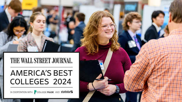 There are two images. Left: The Wall Street Journal's Best Colleges in America graphic. Right: A student greets an employer at the Rose-Hulman Career Fair. 