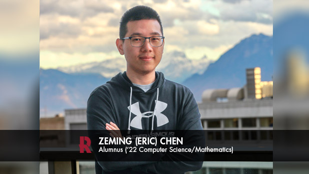 Alumnus Zeming (Eric) Chen crosses his arms confidently in front of a mountainscape.