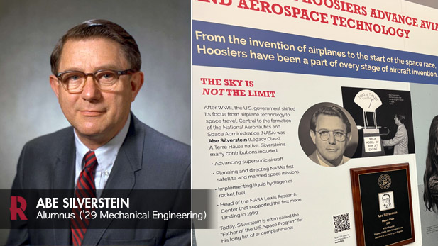 At left, Abe Silverstein, smiling, wears a suit and tie. At right, the display at the Indianapolis International Airport shows and describes some of his contributions to aircraft invention, stating, "The sky is not the limit."