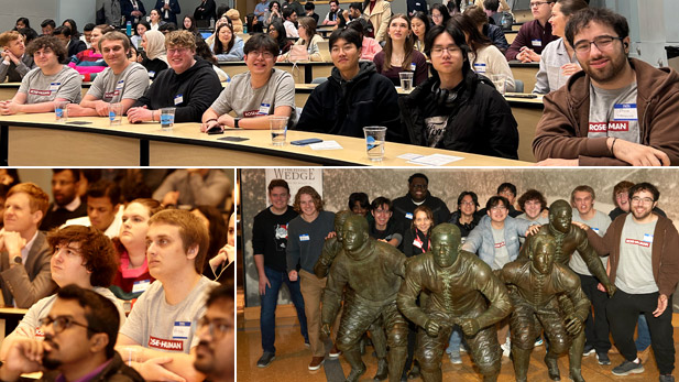 There are three images of a group of Rose-Hulman students attended the Crossroads Classic Analytics Challenge kickoff at the NCAA Headquarters in Indianapolis.