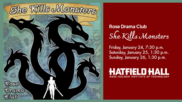 The artwork for "She Kills Monsters" contains silhouettes of five black serpent-like creatures. The outline of a women wearing armor and carrying two swords is cut from the base of the creatures.