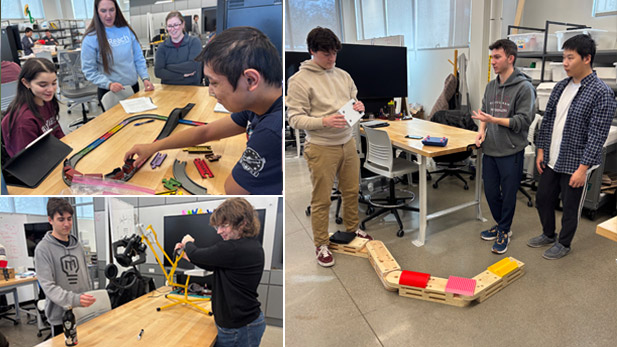 There are three images, all in the Design Studio in the FAB. Top Left: Students test the Story Train on a brightly-colored track. Bottom left: Two students test The Crane, made out of yellow components. Right: Four students test the Wobbletron Balance Beam on the ground.