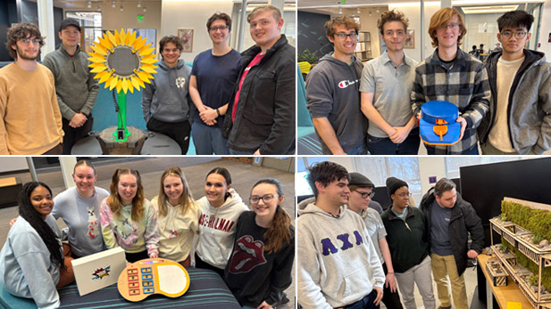 There are four images. Each image shows a group of 4-6 students proudly displaying their project.