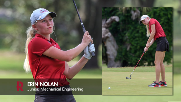 Erin Nolan, wearing a red Rose-Hulman golf shirt, a black golf skirt, and a Rose-Hulman hat over her blonde ponytail, swings her club on the course.